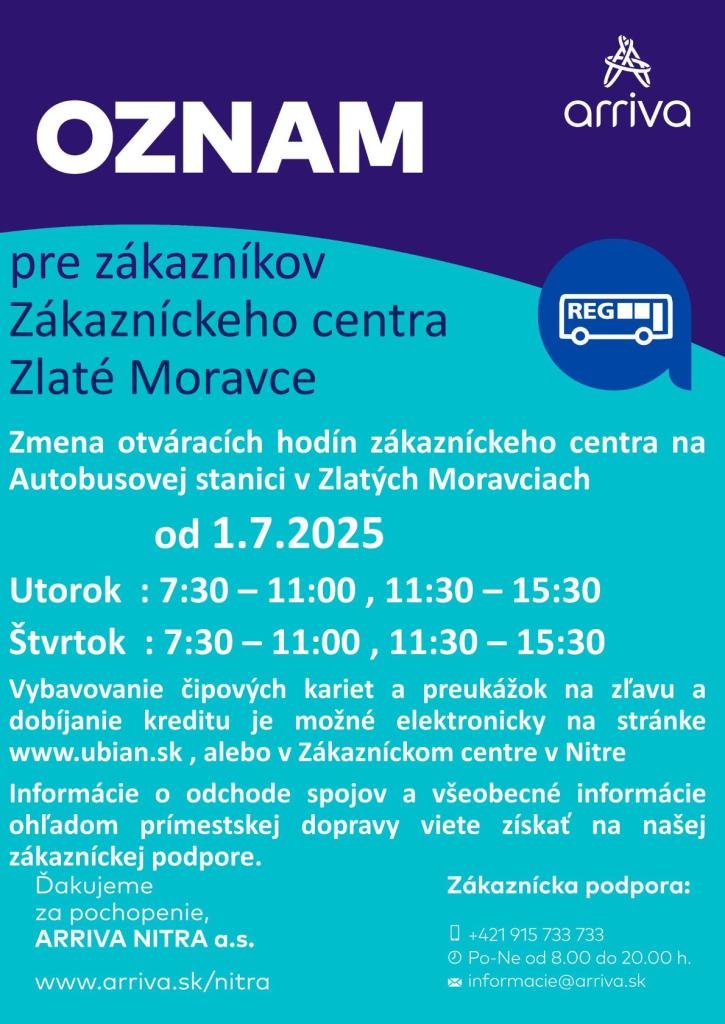 oznam o&nbsp;zmene otváracích hodín Zákazníckeho centra na&nbsp;autobusovej stanici v&nbsp;Zlatých Moravciach 