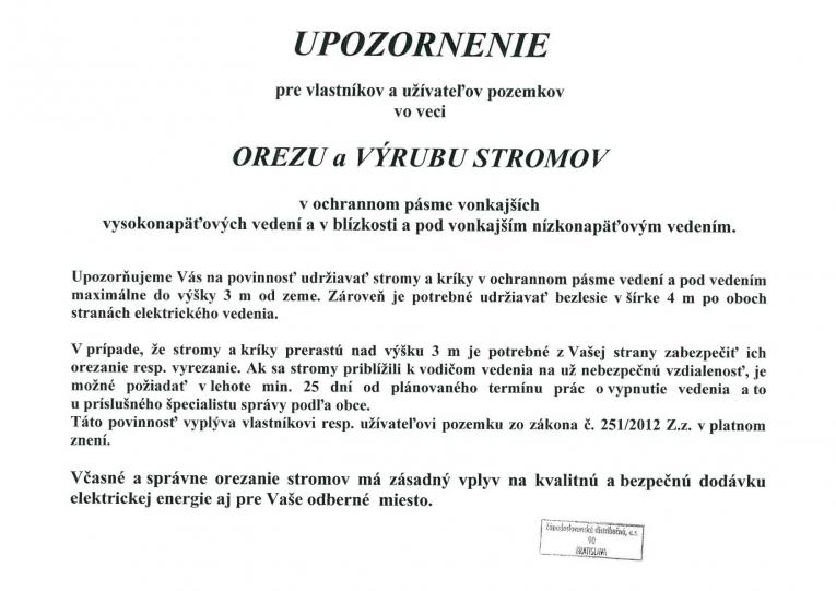 Upozornenie vo veci orezu a výrubu stromov
